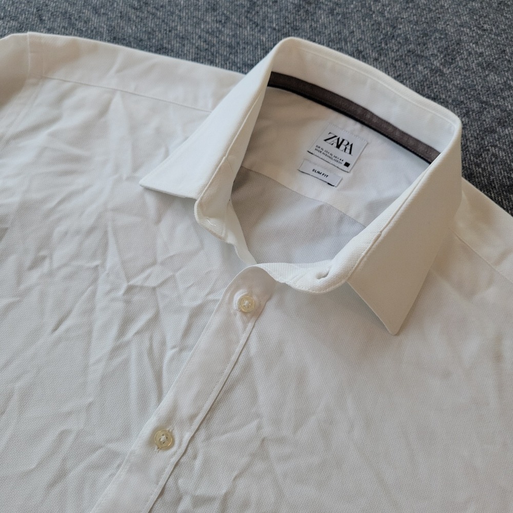 ZARA Dress Shirt Men's XL White Slim Fit Cotton Long Sleeve Button Up Textured